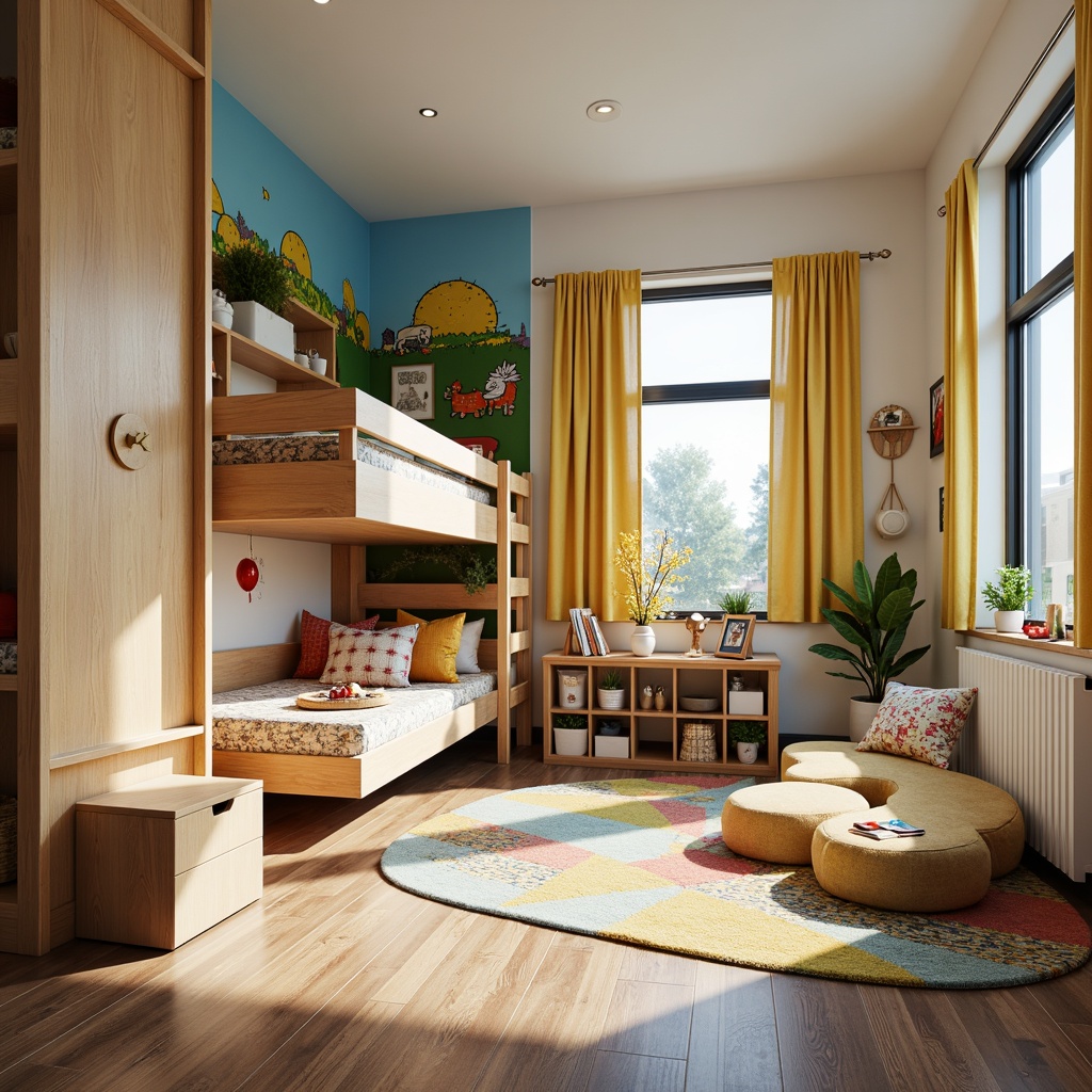 Prompt: Vibrant kids' bedroom, playful colors, whimsical furniture, bunk beds, storage shelves, cozy reading nooks, soft carpets, kid-friendly textures, natural wood accents, bright overhead lighting, large windows, curtain drapes, fun patterns, educational posters, interactive play areas, safety gates, creative art stations, colorful rugs, toy storage bins, personalized wall decor, 3/4 composition, warm and inviting atmosphere, shallow depth of field.