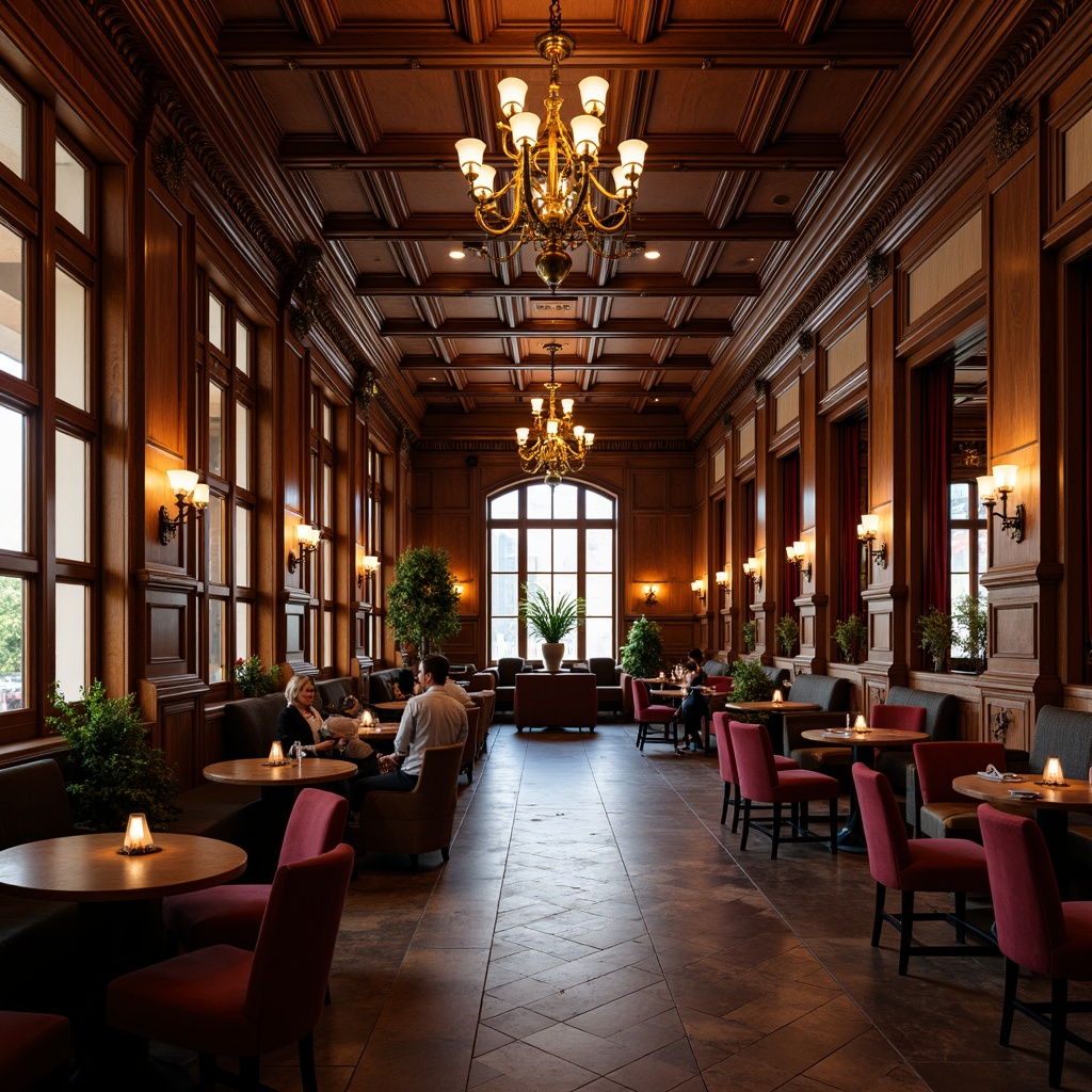 Prompt: Elegant pub interior, neoclassical architecture, rich wood tones, ornate moldings, grand chandeliers, comfortable seating areas, polished brass fixtures, luxurious velvet drapes, intricate stone carvings, warm atmospheric lighting, shallow depth of field, 2/3 composition, symmetrical arrangement, realistic textures, ambient occlusion.