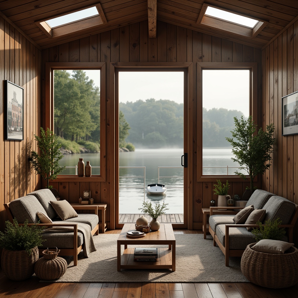 Prompt: Cozy boathouse, Scandinavian wooden accents, natural light pouring through skylights, rustic nautical decor, distressed wood textures, earthy color palette, woven textiles, plush furnishings, warm candle lighting, serene lake surroundings, lush greenery, misty morning atmosphere, shallow depth of field, 1/2 composition, soft focus effect, realistic water reflections.