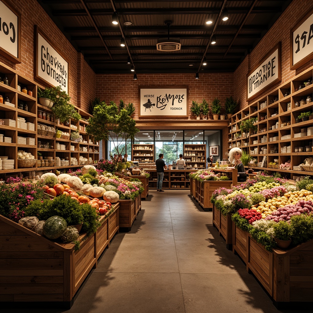 Prompt: Cozy traditional grocery store interior, warm wooden shelves, vintage-inspired signage, rustic brick walls, earthy color palette, soft overhead lighting, ornate metal fixtures, classic typography, nostalgic brand logos, distressed wood accents, woven baskets, abundant fresh produce, overflowing flower arrangements, bustling shopping atmosphere, shallow depth of field, 1/1 composition, realistic textures, ambient occlusion.