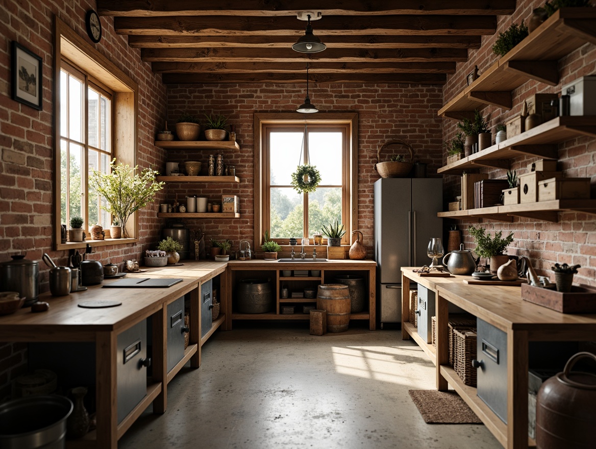 Prompt: Rustic workshop interior, wooden workbenches, vintage tools, metal storage cabinets, industrial shelving units, exposed brick walls, reclaimed wood accents, earthy color palette, warm soft lighting, shallow depth of field, 3/4 composition, realistic textures, ambient occlusion, wooden crates, metal drums, leather-bound totes, woven baskets, natural fiber textiles, artisanal craftsmanship, handcrafted decorations, eclectic decorative items.