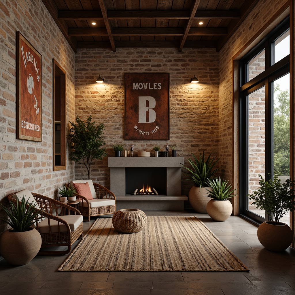 Prompt: Rugged stone walls, distressed wooden planks, vintage metal signs, industrial brick facades, rough-hewn concrete columns, natural fiber rugs, woven wicker furniture, earthy terracotta pots, organic sculpted forms, ambient warm lighting, shallow depth of field, 1/2 composition, realistic textures, detailed normal maps, subtle color grading.