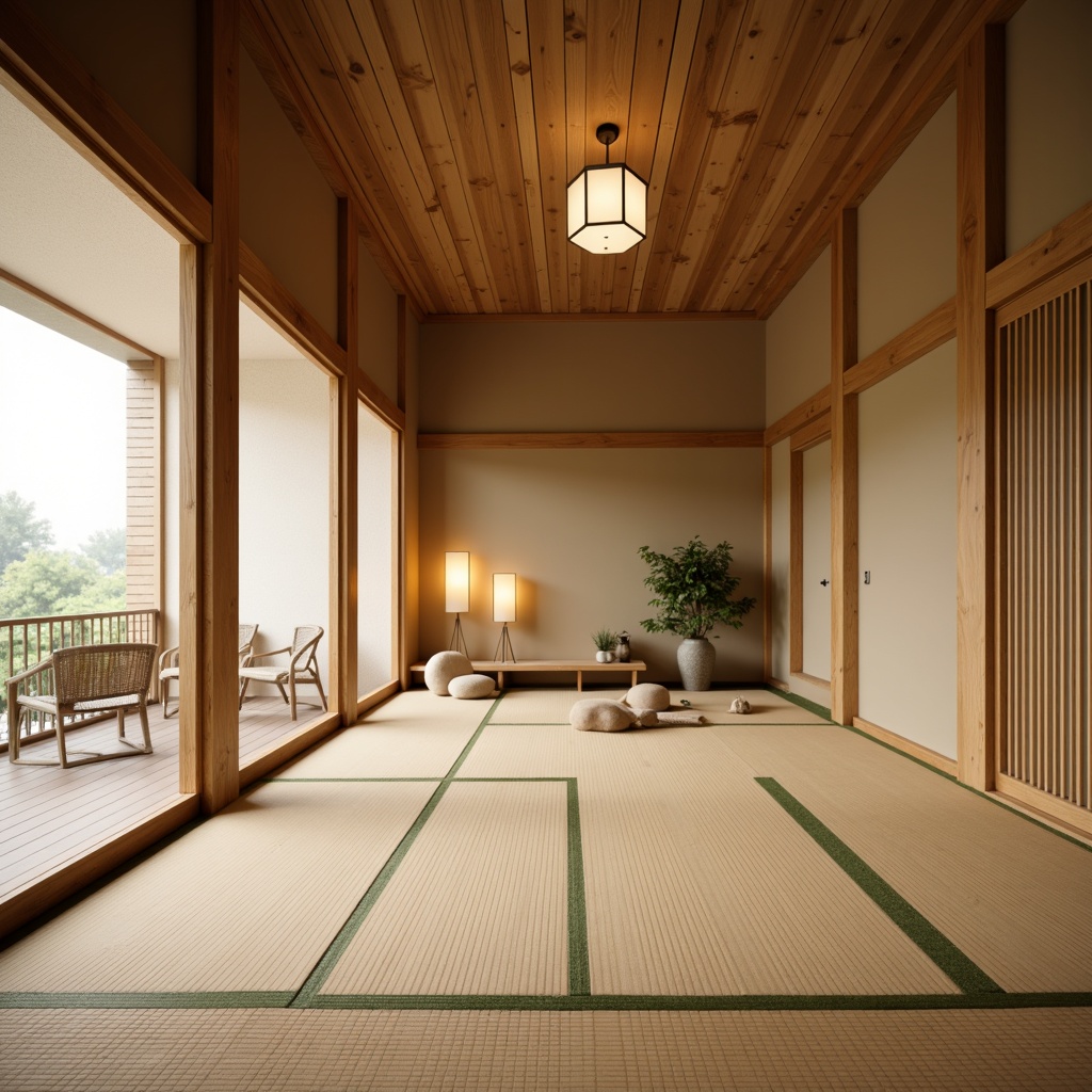 Prompt: Traditional Japanese tatami mats, natural wood tones, bamboo flooring, subtle grain textures, warm beige colors, minimalist aesthetic, low-seating furniture, sliding shoji screens, paper lanterns, soft diffused lighting, serene atmosphere, 3/4 composition, shallow depth of field.