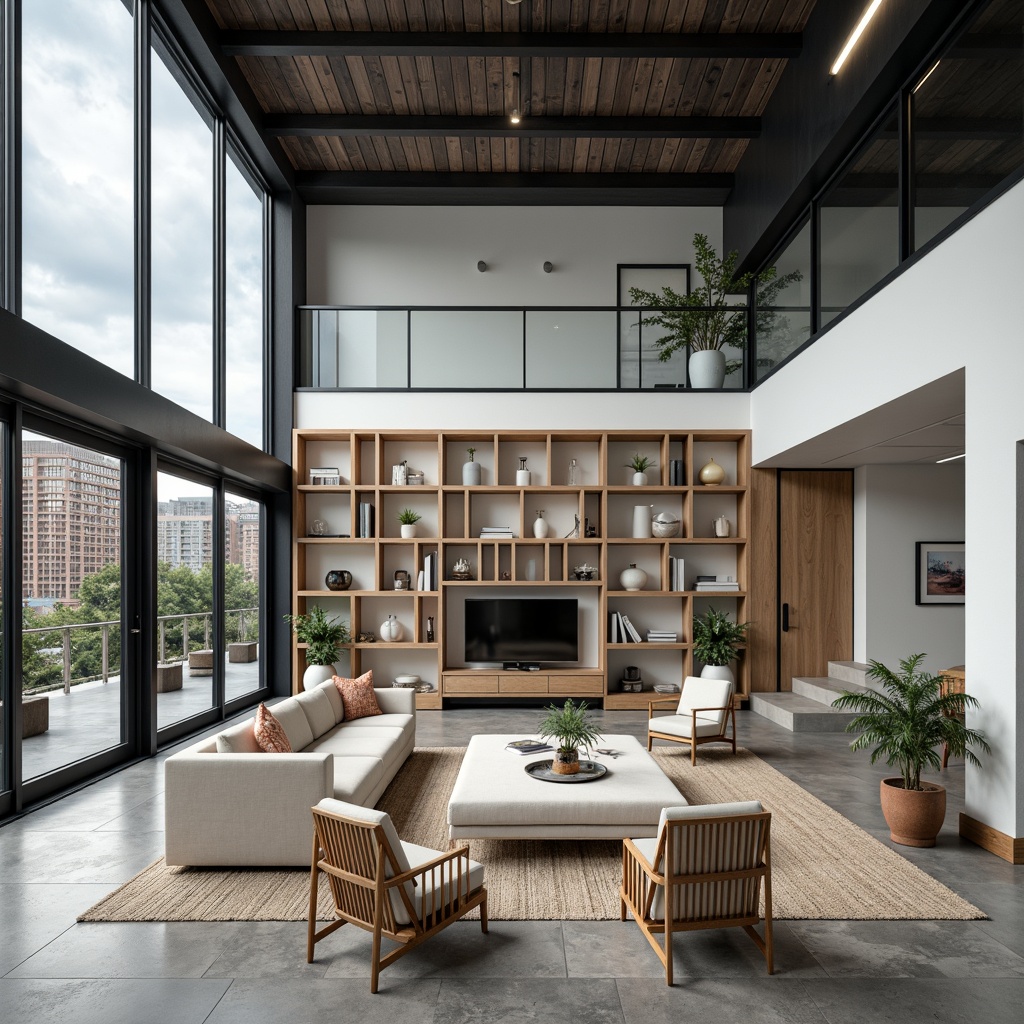 Prompt: Open-plan living space, minimalist decor, monochromatic color scheme, industrial materials, polished concrete floors, steel beams, floor-to-ceiling windows, sliding glass doors, functional built-in shelving, geometric furniture, asymmetrical compositions, bold typography, primary color accents, natural textiles, abundant natural light, high ceilings, urban cityscape views, cloudy day, soft diffused lighting, shallow depth of field, 2/3 composition, cinematic perspective, realistic reflections, ambient occlusion.