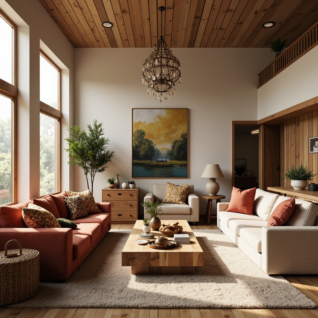 Prompt: Cozy living room, plush sofas, velvety armchairs, reclaimed wood coffee tables, woven baskets, soft cushions, vibrant throw pillows, modern minimalist decor, floor-to-ceiling windows, natural light, warm beige walls, rich brown flooring, elegant chandeliers, subtle texture patterns, 1/1 composition, shallow depth of field, realistic rendering.