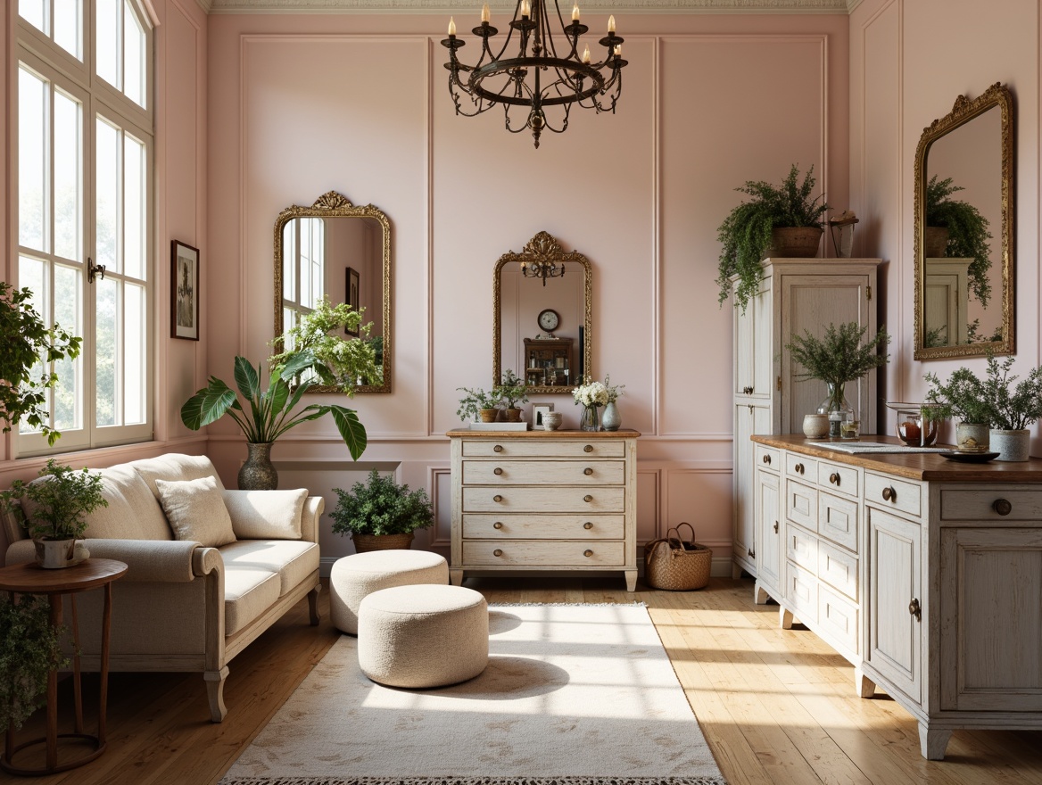 Prompt: Distressed wood furniture, vintage decorative items, soft pastel colors, pale pink walls, creamy white trim, warm beige floors, elegant chandeliers, ornate mirrors, lush greenery, potted plants, natural textiles, linen fabrics, lace details, soft feminine patterns, delicate florals, rustic metal accents, antique hardware, weathered finishes, morning light, gentle shadows, 1/1 composition, intimate atmosphere, realistic textures, subtle color gradations.