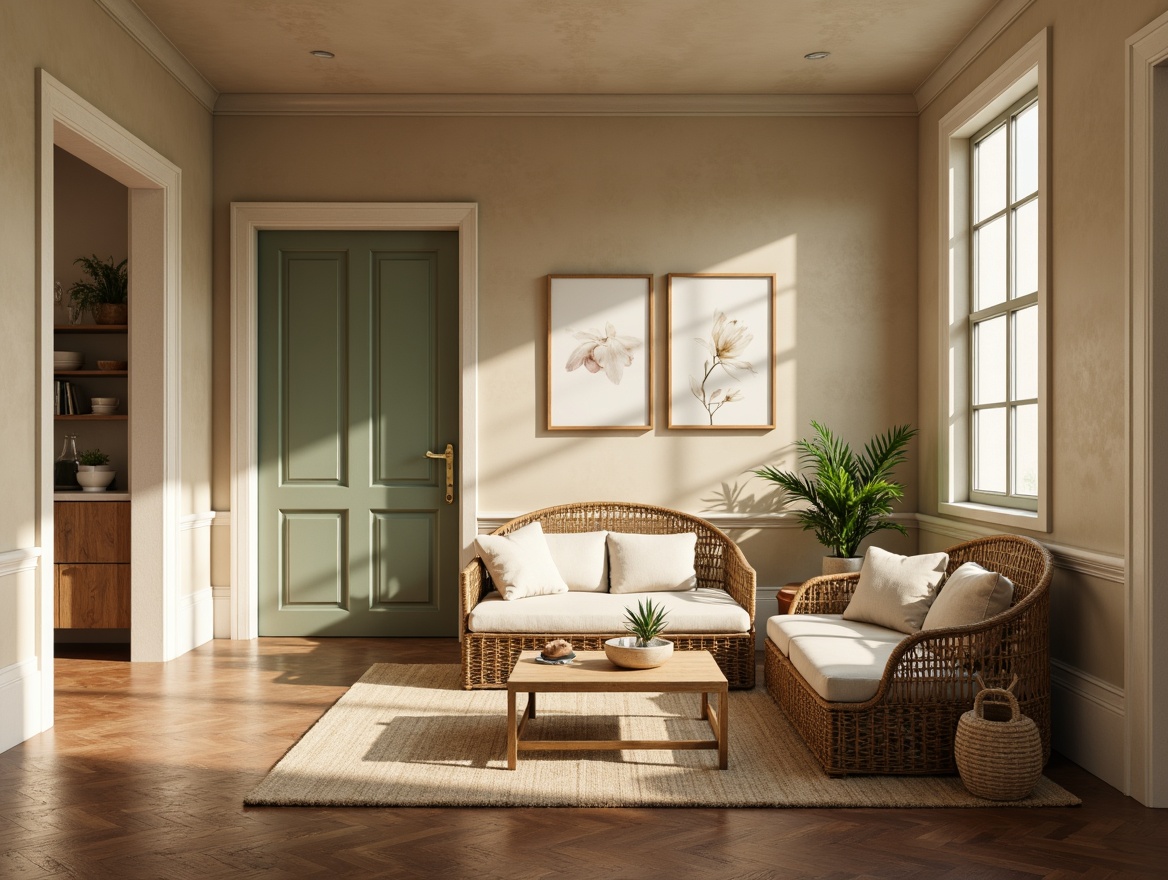 Prompt: Earthy tone interior, warm beige walls, rich walnut wood flooring, soft sage green accents, creamy white trim, natural linen upholstery, woven rattan furniture, organic shapes, cozy ambiance, morning sunlight, gentle shadows, shallow depth of field, 1/2 composition, realistic textures, ambient occlusion.