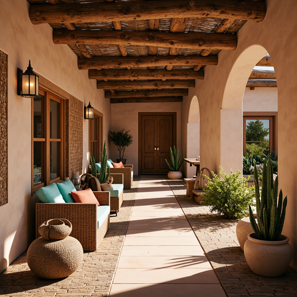 Prompt: Warm terracotta tones, rustic metal lanterns, natural linen shades, earthy ceramic accents, woven wicker details, bold geometric patterns, vibrant turquoise hues, warm beige stucco walls, reclaimed wood beams, desert botanicals, sunny afternoon lighting, soft ambient glow, 1/1 composition, shallow depth of field, realistic textures, ambient occlusion.