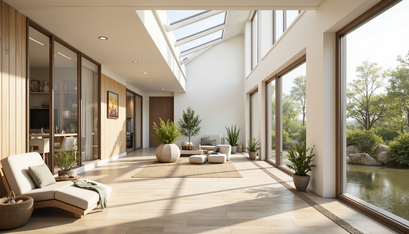 Prompt: Bright airy interior, large windows, sliding glass doors, clerestory windows, skylights, high ceilings, reflective white walls, minimal obstruction, unobstructed views, natural ventilation, passive solar design, warm beige tones, light wood accents, greenery, potted plants, organic textures, earthy materials, soft diffused lighting, 1/1 composition, shallow depth of field, realistic renderings.