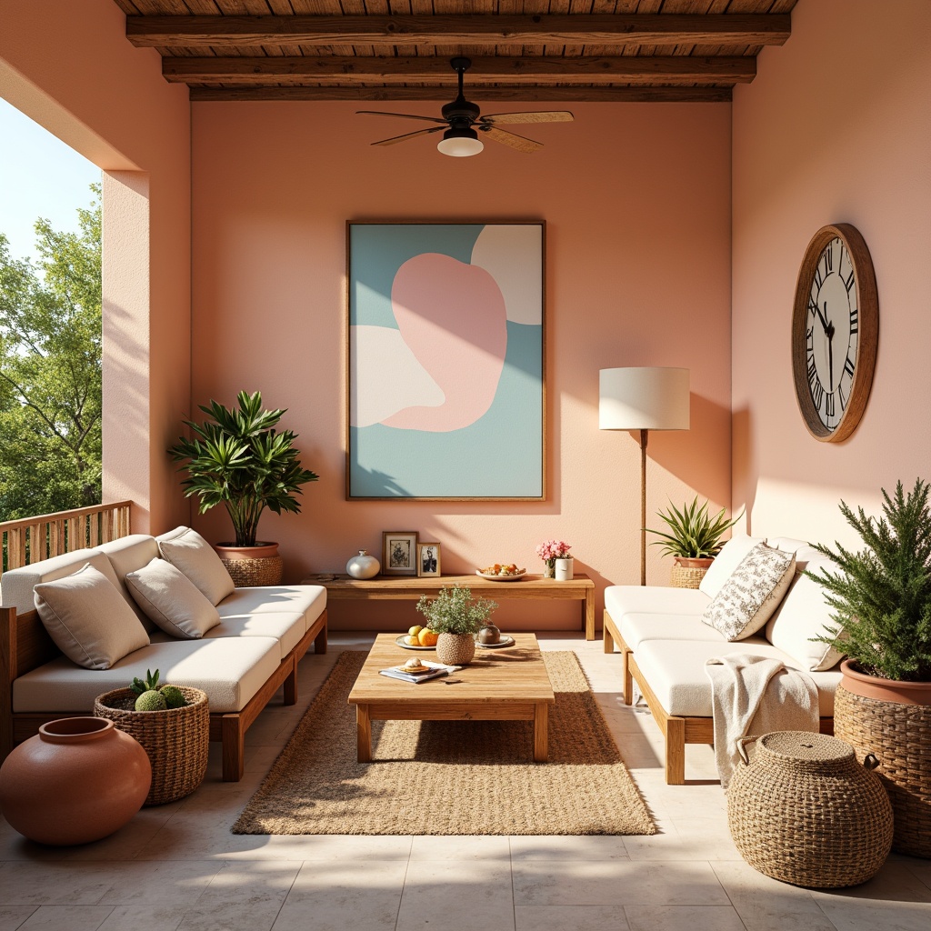 Prompt: Vibrant artistic studio, pastel color scheme, soft peach walls, creamy white furniture, rich wood accents, eclectic decorative pieces, abstract artwork, natural textiles, woven baskets, earthy terracotta pots, lush greenery, warm sunny day, gentle warm lighting, shallow depth of field, 3/4 composition, realistic textures, ambient occlusion.