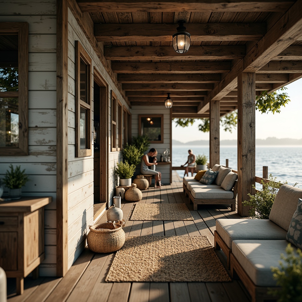 Prompt: Rustic boathouse, weathered wooden planks, distressed finishes, nautical accents, vintage lanterns, woven textiles, earthy color palette, mossy greens, driftwood grays, sandy beiges, sea-salt blues, warm golden lighting, soft misty atmosphere, shallow depth of field, 1/2 composition, cozy interior spaces, plush furnishings, woven baskets, natural fiber rugs, water-inspired decorative elements, lakehouse-inspired architecture, wooden dockways, sailboat-inspired details, whimsical marine-themed decor.