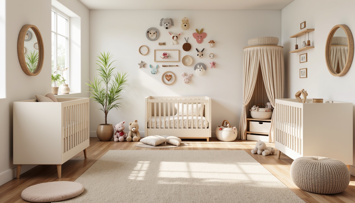 Prompt: Whimsical nursery, soft pastel colors, gentle lighting, plush carpets, curved wooden cribs, cozy canopies, stuffed animal decorations, colorful alphabet wall art, modern minimalist furniture, ergonomic changing tables, storage ottomans, circular mirrors, delicate mobiles, creamy white furniture, rounded edges, natural wood textures, warm beige tones, playful polka dots, 1/1 composition, soft focus, subtle shadows, realistic fabrics.