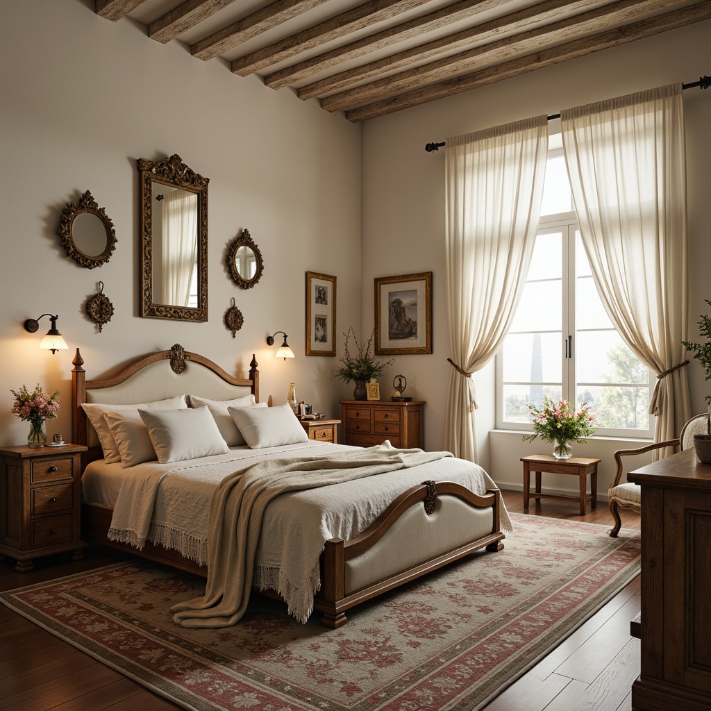 Prompt: Vintage distressed furniture, soft pastel hues, lace drapery, floral patterns, feminine accents, rustic wooden bedframes, plush area rugs, creamy whites, warm candlelight, cozy reading nooks, ornate mirrors, delicate carvings, distressed finishes, natural fabrics, flowing curtains, romantic ambiance, soft focus lighting, 3/4 composition, intimate atmosphere.