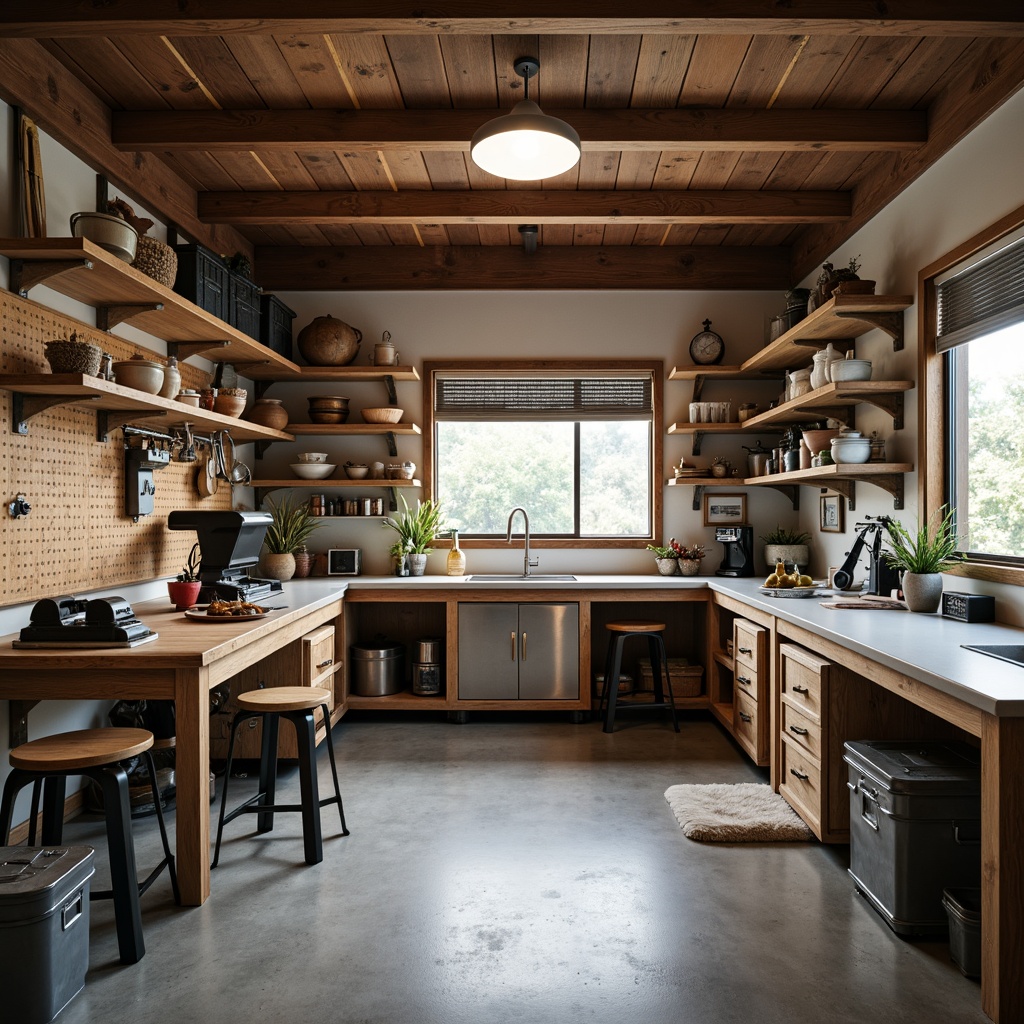 Prompt: Organized garage workshop, sturdy workbench, wooden vice, metal toolboxes, pegboard storage, adjustable shelving, overhead lighting, epoxy-coated countertops, industrial-style stools, concrete floor, natural wood accents, warm white lighting, shallow depth of field, 2/3 composition, realistic textures, ambient occlusion.