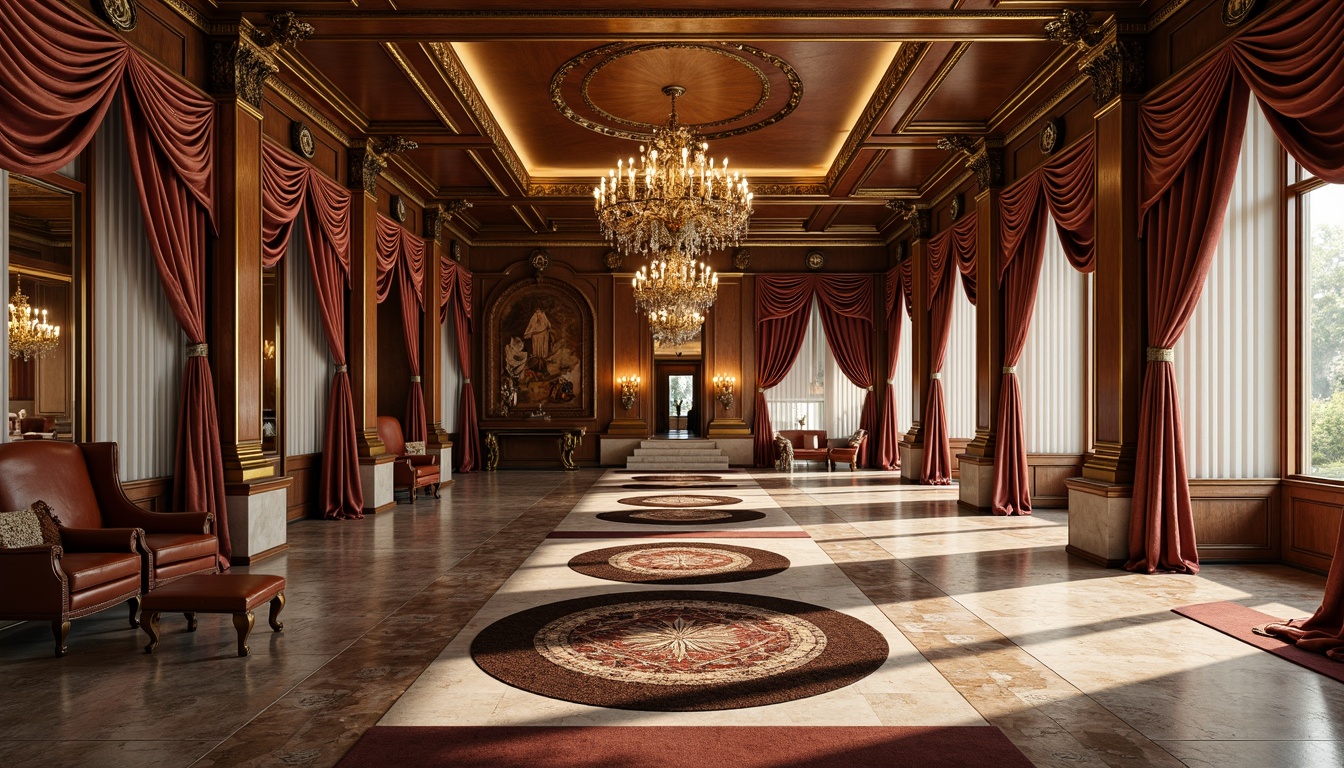 Prompt: Luxurious Rococo-style interior, ornate wooden flooring, intricately patterned rugs, soft plush carpets, polished marble surfaces, inlaid stone mosaics, richly textured area rugs, gilded metallic accents, lavish velvet drapes, opulent chandeliers, warm golden lighting, 1/1 composition, shallow depth of field, realistic reflections, ambient occlusion.