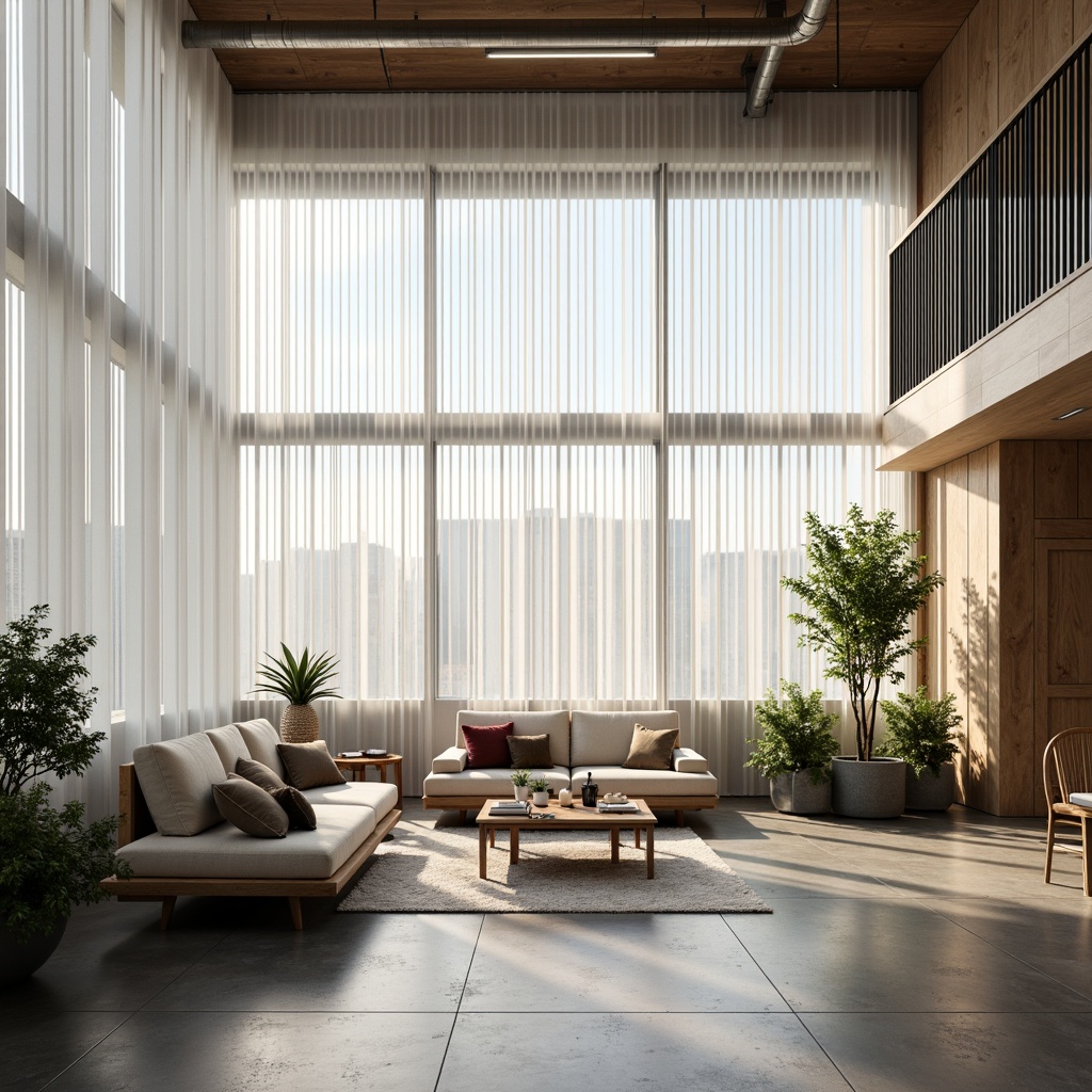 Prompt: Minimalist living room, floor-to-ceiling windows, natural light pouring in, sheer white curtains, polished concrete floors, industrial chic decor, exposed ductwork, wooden accent walls, sleek low-profile furniture, greenery-filled planters, ambient warm lighting, 1/1 composition, soft focus, realistic textures, subtle shadows.