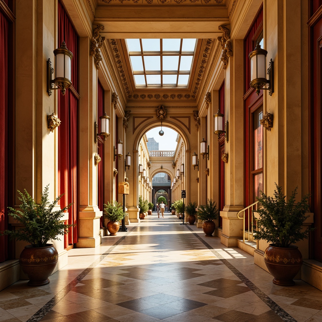 Prompt: Elegant market hall, ornate neoclassical architecture, rich wood tones, polished marble floors, warm golden lighting, soft beige walls, vibrant red accents, luxurious velvet drapes, intricate moldings, refined bronze fixtures, stately columns, grand archways, natural stone textures, warm terracotta hues, inviting warm atmosphere, shallow depth of field, 1/1 composition, realistic reflections, ambient occlusion.