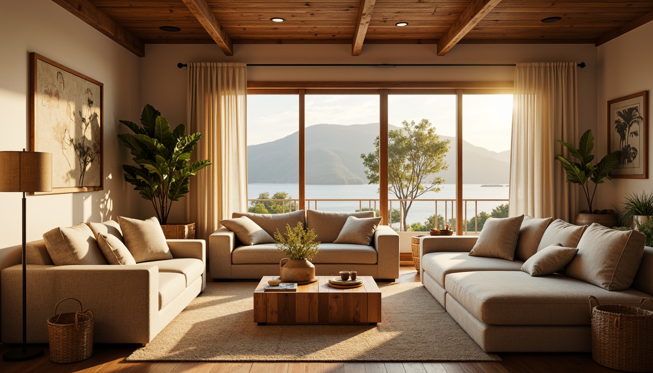 Prompt: Cozy living room, plush sofas, oversized armchairs, soft cushioning, warm beige colors, natural wood accents, comfortable seating layout, intimate conversation areas, floor lamps, table lamps, warm golden lighting, shallow depth of field, 2/3 composition, relaxed atmosphere, calming textiles, woven baskets, potted plants, minimal ornamentation.