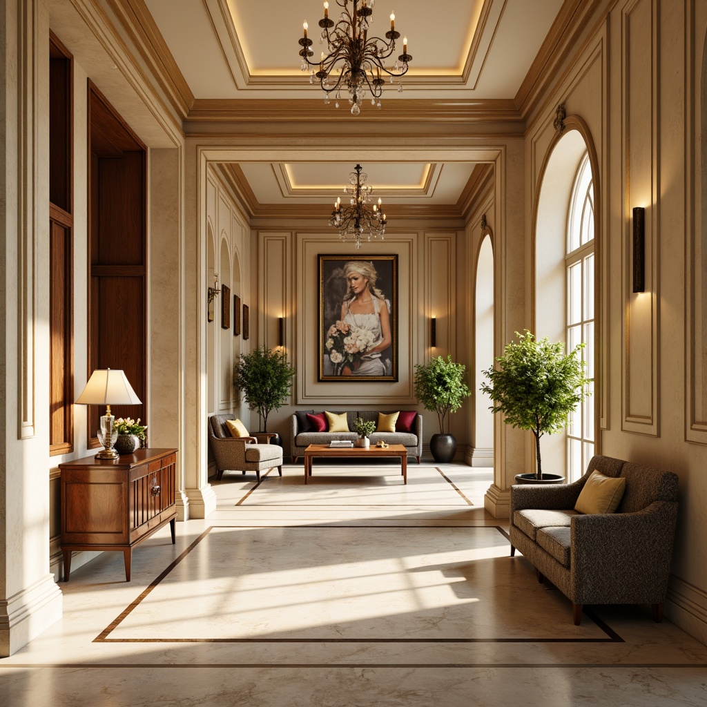 Prompt: Elegant neoclassical interior, refined ornate details, rich wood tones, cream marble floors, soft golden lighting, warm beige walls, subtle texture contrasts, luxurious velvet fabrics, antique furniture pieces, intricate molding patterns, crystal chandeliers, sophisticated color harmony, muted earthy tones, gentle pastel hues, subtle metallic accents, high-contrast shading, 1/1 composition, dramatic spotlighting, realistic reflections.