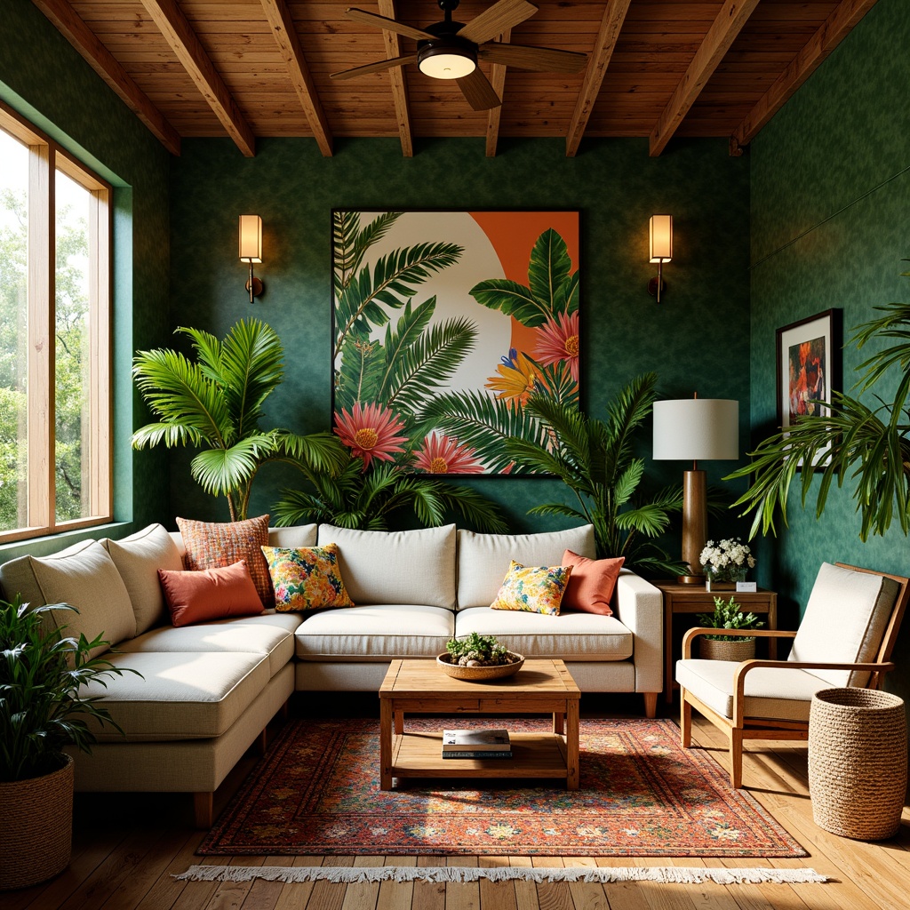 Prompt: Vibrant tropical living room, lush greenery, exotic plants, rattan furniture, natural fiber rugs, woven bamboo accents, colorful tiki torches, statement wallpaper, bold patterned textiles, jungle-inspired artwork, warm golden lighting, cozy reading nook, plush sectional sofa, reclaimed wood coffee table, ocean breeze sounds, 1/1 composition, soft focus, realistic textures.