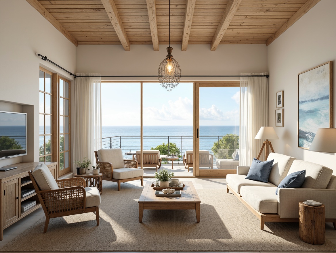 Prompt: Coastal living room, soft warm lighting, natural textures, woven fibers, driftwood accents, sea-inspired colors, calming ocean views, floor-to-ceiling windows, sheer curtains, minimal ornamentation, creamy whites, blues and sandy neutrals, distressed wood furniture, woven rattan chairs, linen upholstery, nautical-themed decor, shell-shaped accessories, soft box lighting, table lamps with glass shades, pendant lights in mercury glass, 1/1 composition, shallow depth of field, realistic textures.