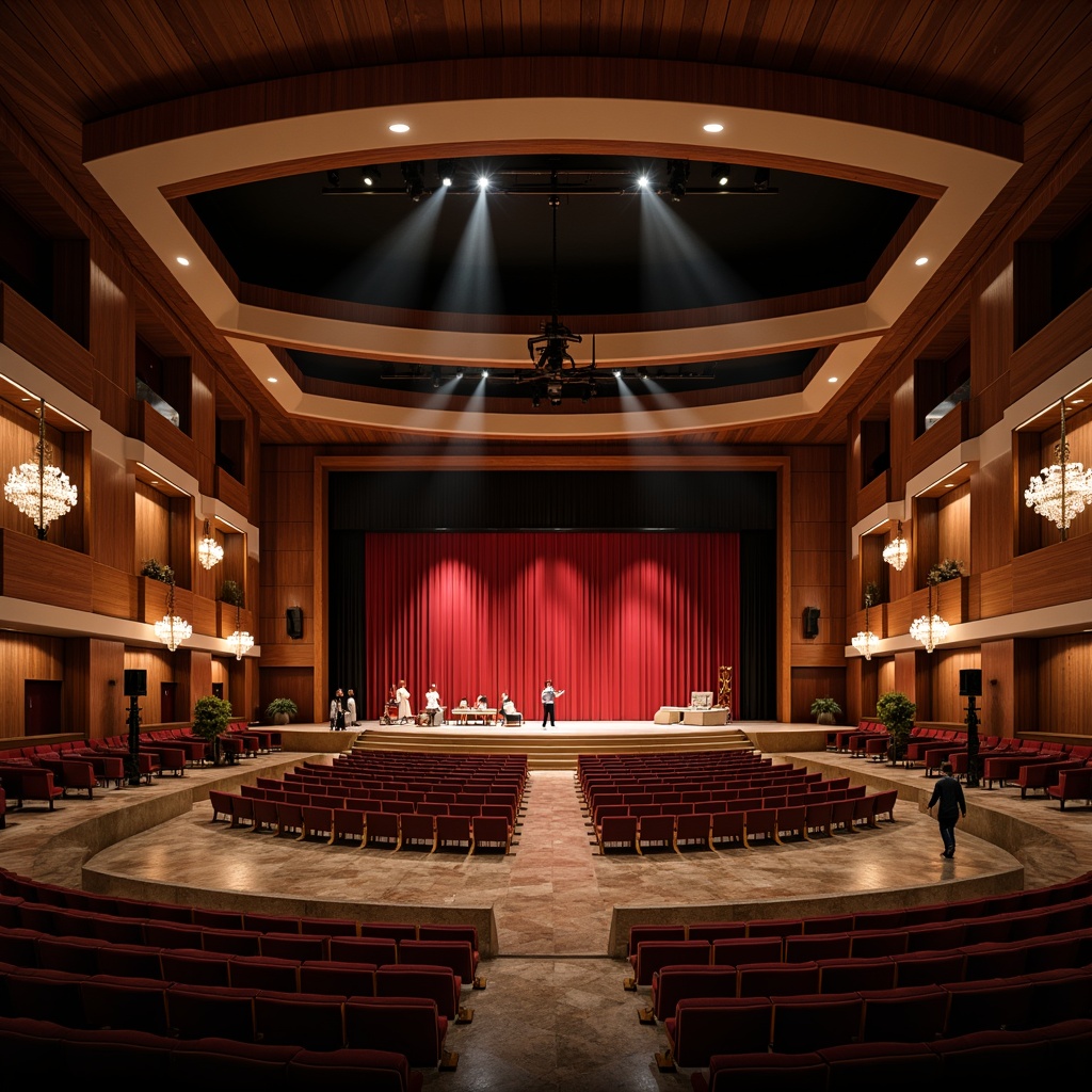 Prompt: Luxurious opera house interior, modern minimalist style, sleek curved lines, rich wooden accents, sound-absorbing acoustic panels, velvety red stage curtains, grand chandeliers, polished marble floors, intimate seating arrangement, dramatic spotlights, warm ambient lighting, 1/1 composition, shallow depth of field, realistic textures, subtle gradient effects.