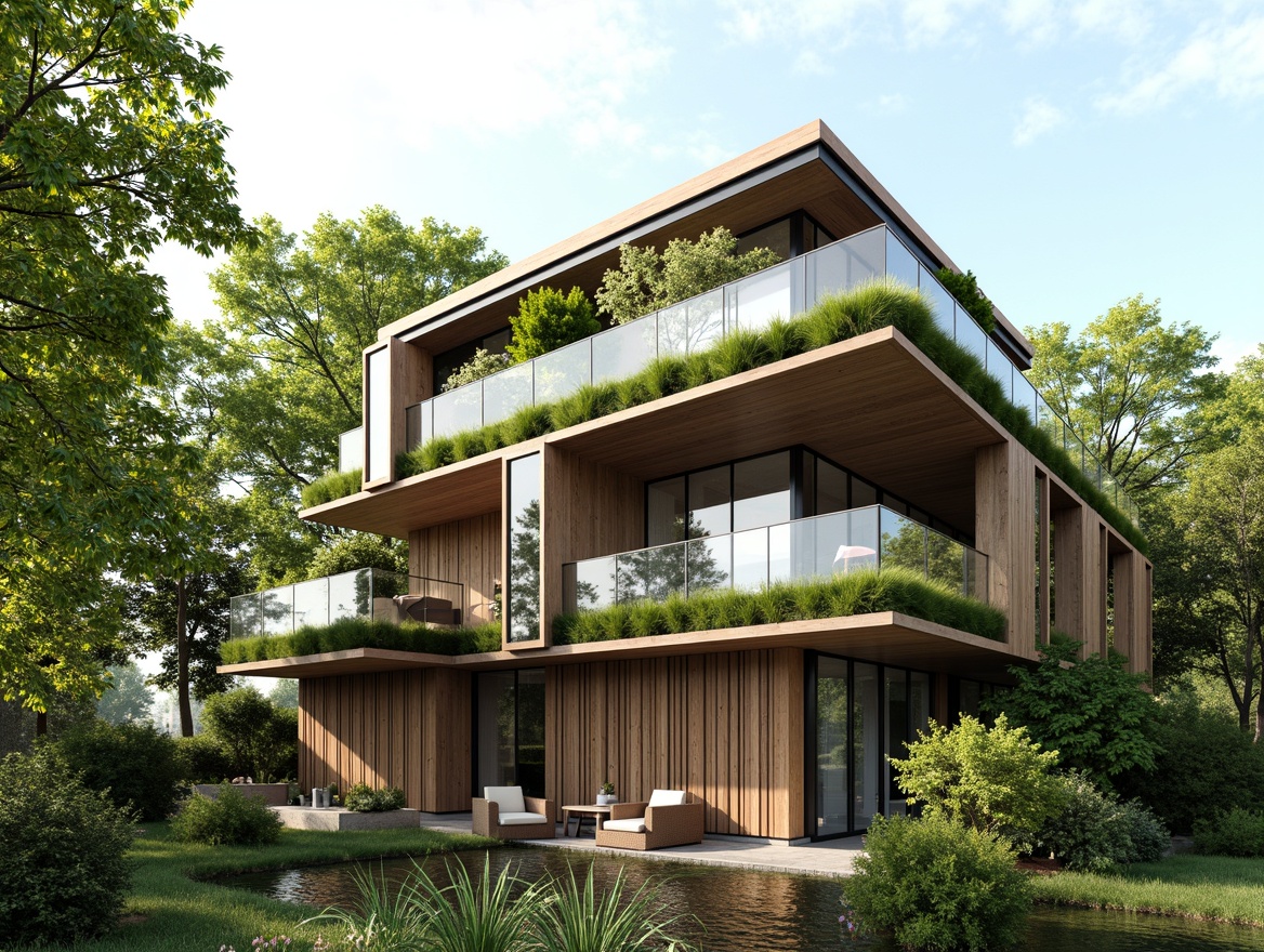 Prompt: Eco-friendly modern architecture, green roofs, solar panels, wind turbines, water conservation systems, recycled glass facades, reclaimed wood accents, bamboo flooring, low-VOC paints, natural stone walls, living walls, vertical gardens, rainwater harvesting systems, grey water reuse, energy-efficient windows, double glazing, shading devices, cantilevered structures, minimalist design, organic shapes, earthy color palette, soft warm lighting, 1/1 composition, realistic textures, ambient occlusion.