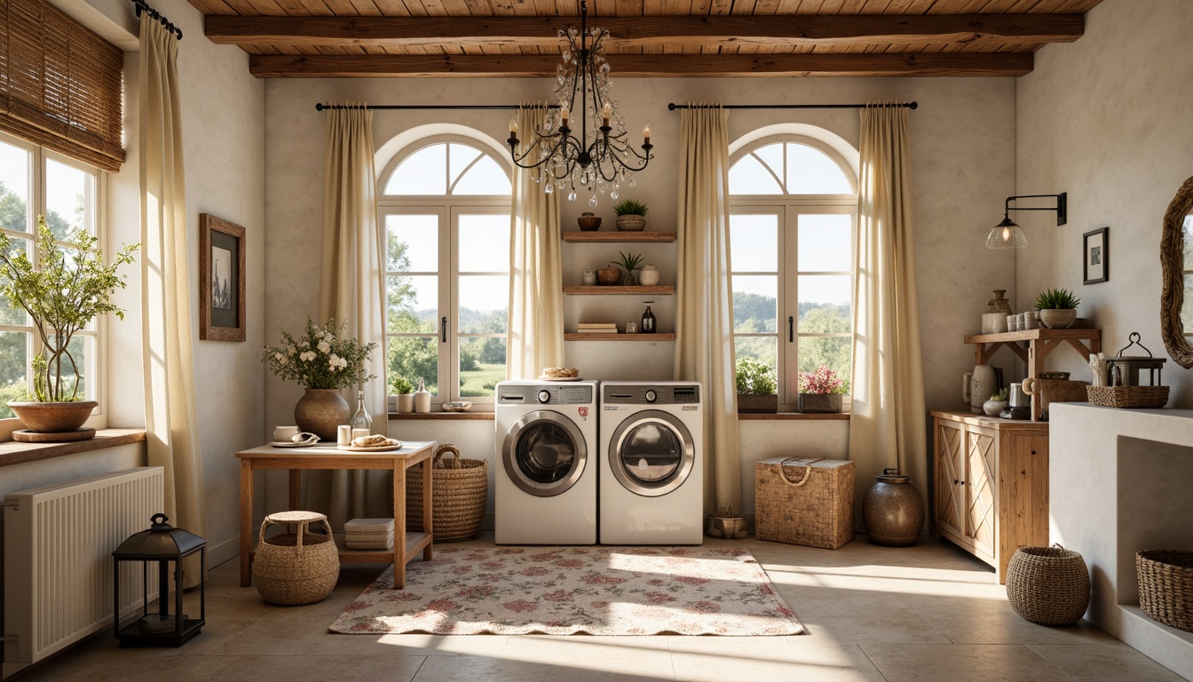 Prompt: Rustic laundry room, soft warm lighting, creamy whites, distressed wood accents, vintage metal lanterns, woven wicker baskets, floral patterned fabrics, soft pastel colors, natural stone floors, brick walls, arched windows, wooden shutters, countryside views, warm beige tones, ornate metal fixtures, elegant chandeliers, subtle ambient glow, 1/2 composition, realistic textures, gentle warm color palette.