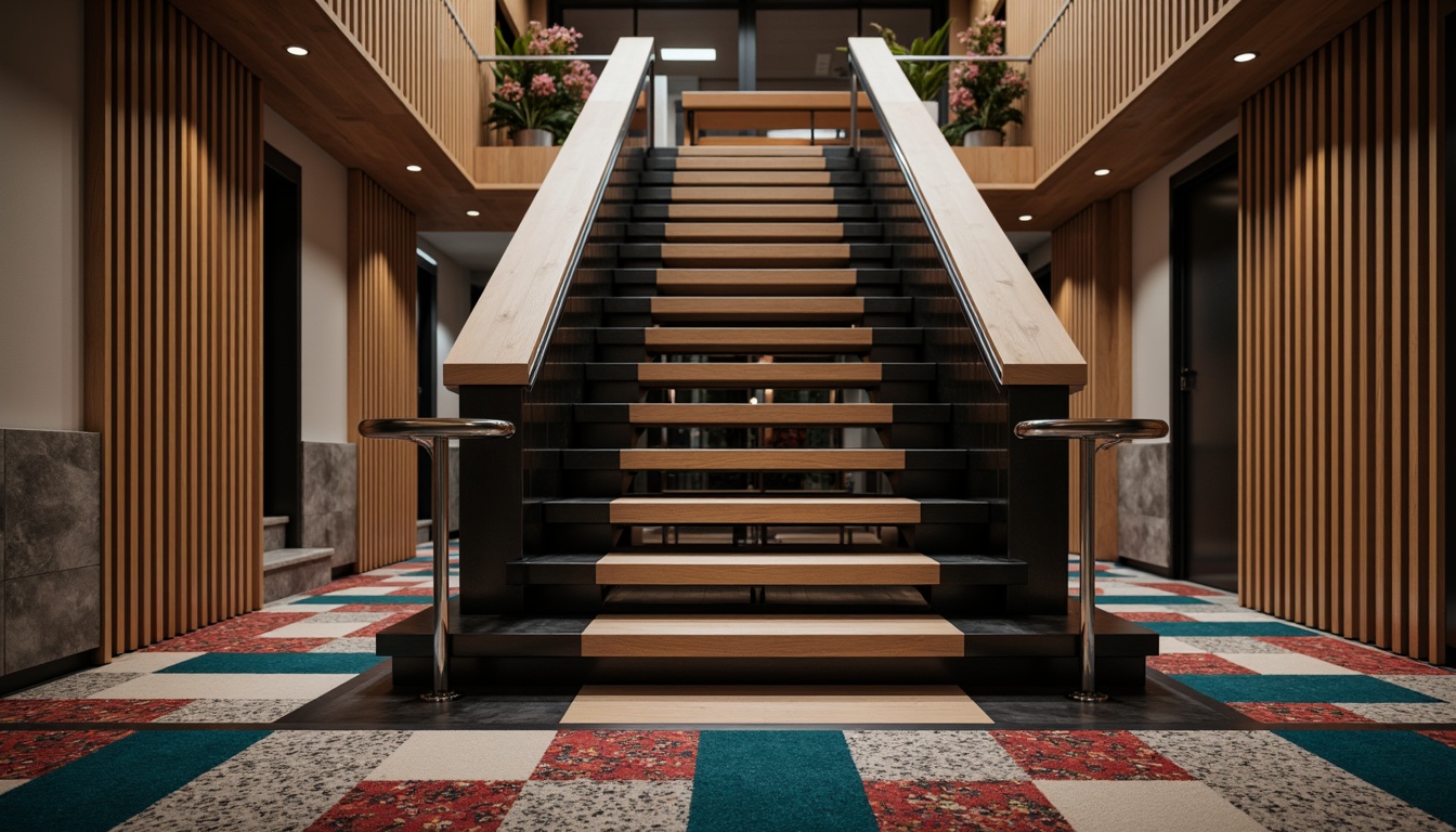 Prompt: Modern staircase design, sleek metal railings, minimalist wooden steps, glossy black handrails, polished chrome accents, geometric patterned carpets, bold color blocking, ambient soft lighting, shallow depth of field, 3/4 composition, panoramic view, realistic textures, subtle gradient effects.