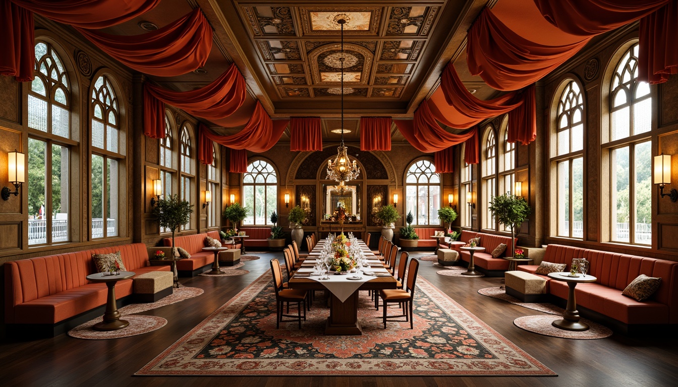 Prompt: Ornate dining room, sinuous lines, flowing curves, organic forms, luxurious fabrics, velvet drapes, carved wooden furniture, intricately patterned rugs, stained glass windows, warm golden lighting, ornamental metalwork, natural materials, floral motifs, elegant chairs, curved banquettes, richly upholstered sofas, decorative mirrors, Art Nouveau inspired patterns, vibrant earthy tones, soft focus, shallow depth of field, 1/1 composition, realistic textures.