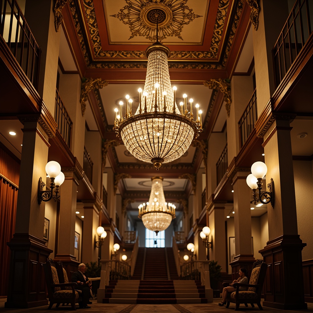 Prompt: Ornate chandeliers, crystal droplets, warm golden lighting, luxurious fabrics, rich wood tones, intricate carvings, vintage lamp posts, frosted glass shades, bronze metalwork, ornamental ceiling details, grand staircases, opulent furnishings, lavish textiles, subtle shadows, soft focus, shallow depth of field, 1/2 composition, atmospheric perspective.