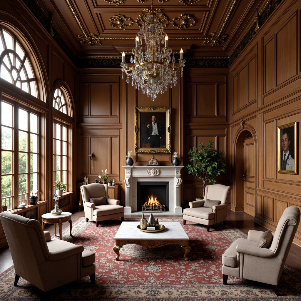 Prompt: Elegant living room, rich wood tones, ornate carvings, velvet upholstery, gilded frames, marble coffee tables, crystal chandeliers, intricately patterned rugs, luxurious fabrics, stately columns, arched windows, neutral color palette, subtle lighting, 1/1 composition, shallow depth of field, soft focus, classic proportions, refined details, sophisticated ambiance.