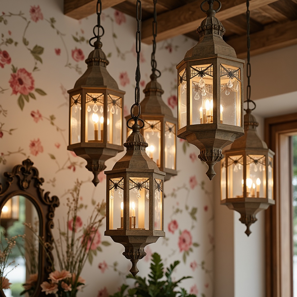 Prompt: Distressed wooden chandeliers, vintage metal lanterns, soft warm candlelight, rustic pendant lights, ornate crystal drops, distressed finishes, antique bronze fixtures, floral patterns, lace details, soft pastel colors, romantic ambiance, whimsical decor, feminine touches, elegant curves, luxurious fabrics, natural textures, warm beige tones, creamy whites, distressed wood accents, vintage accessories, ornate mirrors.