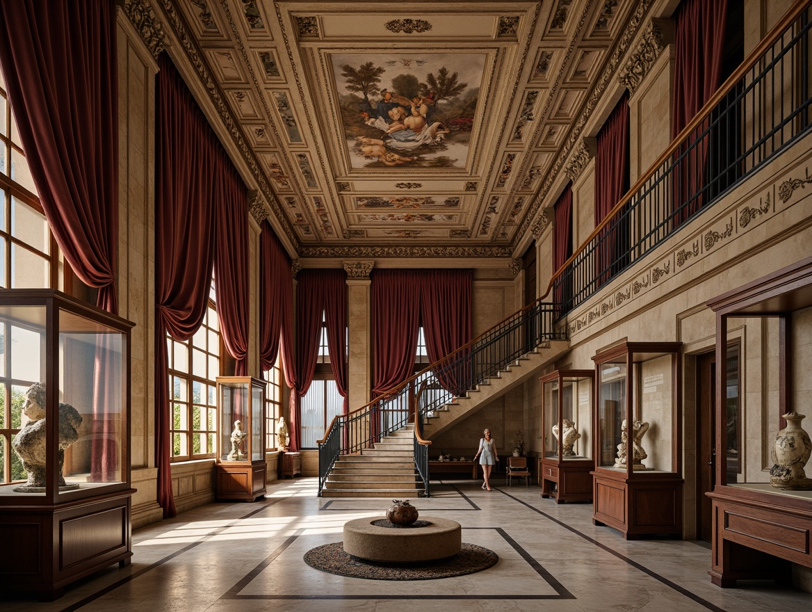 Prompt: Museum eclectic style building, ornate stone walls, distressed wooden panels, rich velvet drapes, intricate fresco ceilings, grand staircase, bronze railings, marble flooring, ornamental columns, archaic artifacts, vintage display cases, warm ambient lighting, softbox shadows, 1/2 composition, shallow depth of field, realistic textures, subtle color grading.