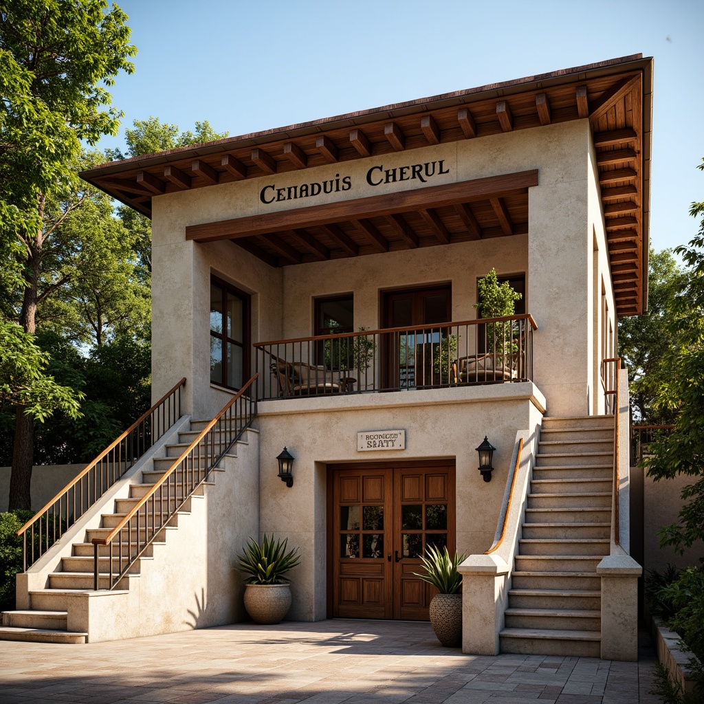 Prompt: Rustic courthouse building, rich wood accents, ornate stone carvings, grand entrance staircase, decorative trusses, wooden roof beams, earthy color palette, natural stone foundation, lush greenery surroundings, mature trees, warm sunny day, soft diffused lighting, shallow depth of field, 3/4 composition, realistic textures, ambient occlusion, intricate ceramic tiles, ornate metalwork, classic lanterns, vintage-inspired signage, distressed wooden doors, richly textured stucco walls.