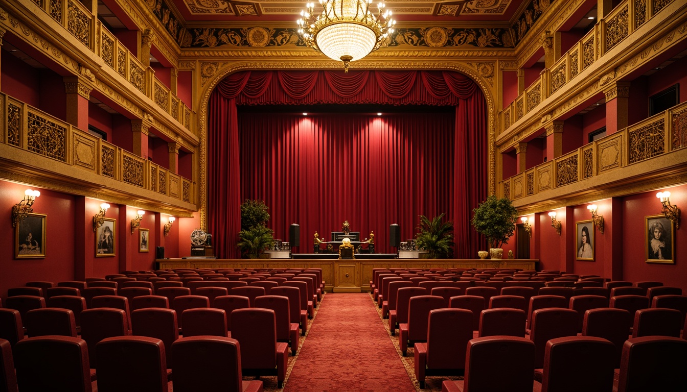 Prompt: Luxurious velvet curtains, ornate golden balconies, rich red carpets, grandiose chandeliers, intricate moldings, decorative friezes, classic cinema seating, vintage movie projectors, nostalgic film reels, dramatic spotlights, warm golden lighting, shallow depth of field, 1/1 composition, symmetrical framing, realistic textures, ambient occlusion.