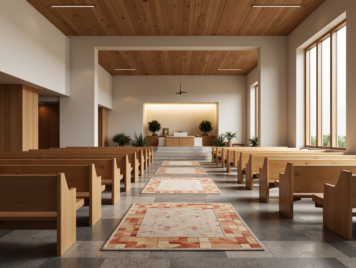 Prompt: Minimalist church interior, wooden pews, sleek benches, Nordic-inspired lecterns, simple altars, geometric-patterned rugs, neutral color palette, soft warm lighting, shallow depth of field, 3/4 composition, realistic textures, ambient occlusion, Scandinavian-style furniture, functional decor, clean lines, minimal ornamentation, cozy ambiance, natural materials, wooden accents, stone floors, subtle patterns, understated elegance.