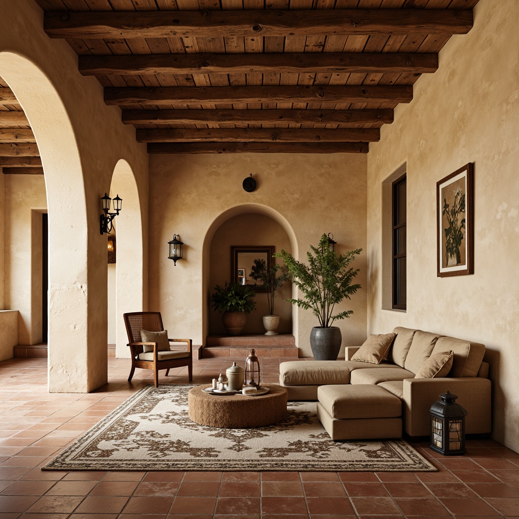 Prompt: Warm beige stucco walls, rustic wooden beams, terra cotta flooring, ornate ceramic tiles, distressed wood furniture, plush velvet upholstery, natural linen drapes, woven rattan accents, vintage metal lanterns, earthy color palette, soft warm lighting, shallow depth of field, 1/1 composition, realistic textures, ambient occlusion.