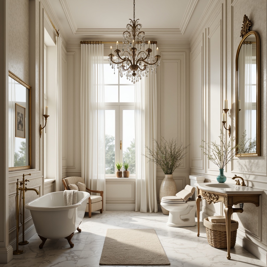 Prompt: Elegant bathroom, soft creamy whites, rich warm beiges, subtle grayish blues, polished chrome fixtures, ornate golden accents, marble countertops, white Carrara statuario flooring, classic pedestal sink, freestanding tub, crystal chandelier, plush area rug, natural stone walls, ambient lighting, shallow depth of field, 1/2 composition, soft focus, warm color tones.