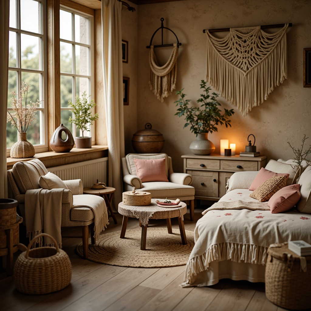 Prompt: Vintage distressed fabrics, soft plush textures, warm beige tones, floral patterns, lace trimmings, rustic wooden accents, antique furniture pieces, ornate metal fixtures, velvety drapes, macrame wall hangings, natural linen upholstery, woven rattan baskets, candlelit ambiance, warm golden lighting, shallow depth of field, 1/1 composition, intimate close-ups, realistic textures, ambient occlusion.