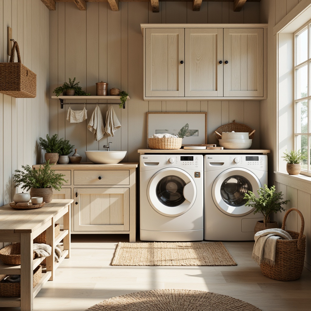 Prompt: Rustic laundry room, vintage farmhouse decor, distressed wood cabinets, soft cream walls, warm beige floors, plush area rug, woven wicker baskets, natural linen textiles, subtle floral patterns, gentle lace trim, calming pastel colors, cozy ambient lighting, 1/1 composition, shallow depth of field, realistic textures, ambient occlusion.