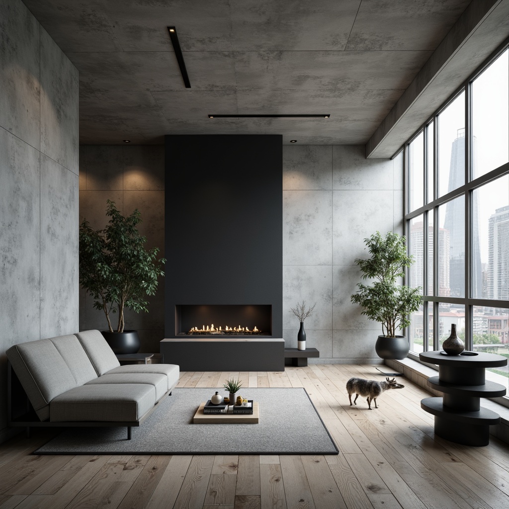 Prompt: Monochromatic interior, clean lines, minimal ornamentation, smooth concrete walls, polished wooden floors, matte black furniture, industrial metal accents, subtle texture variations, natural light pouring, soft shadows, 1/1 composition, shallow depth of field, realistic renderings, ambient occlusion, serene atmosphere, calm ambiance.