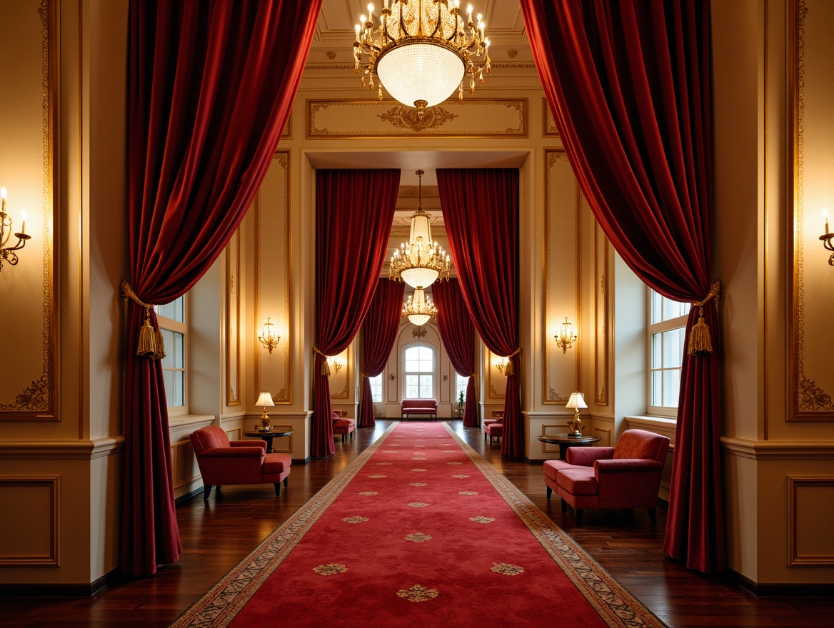 Prompt: Rich velvet curtains, golden ornate details, warm beige walls, luxurious red carpets, elegant chandeliers, softbox lighting, cinematic ambient glow, 70mm film grain, cinematic widescreen format, shallow depth of field, 2.39