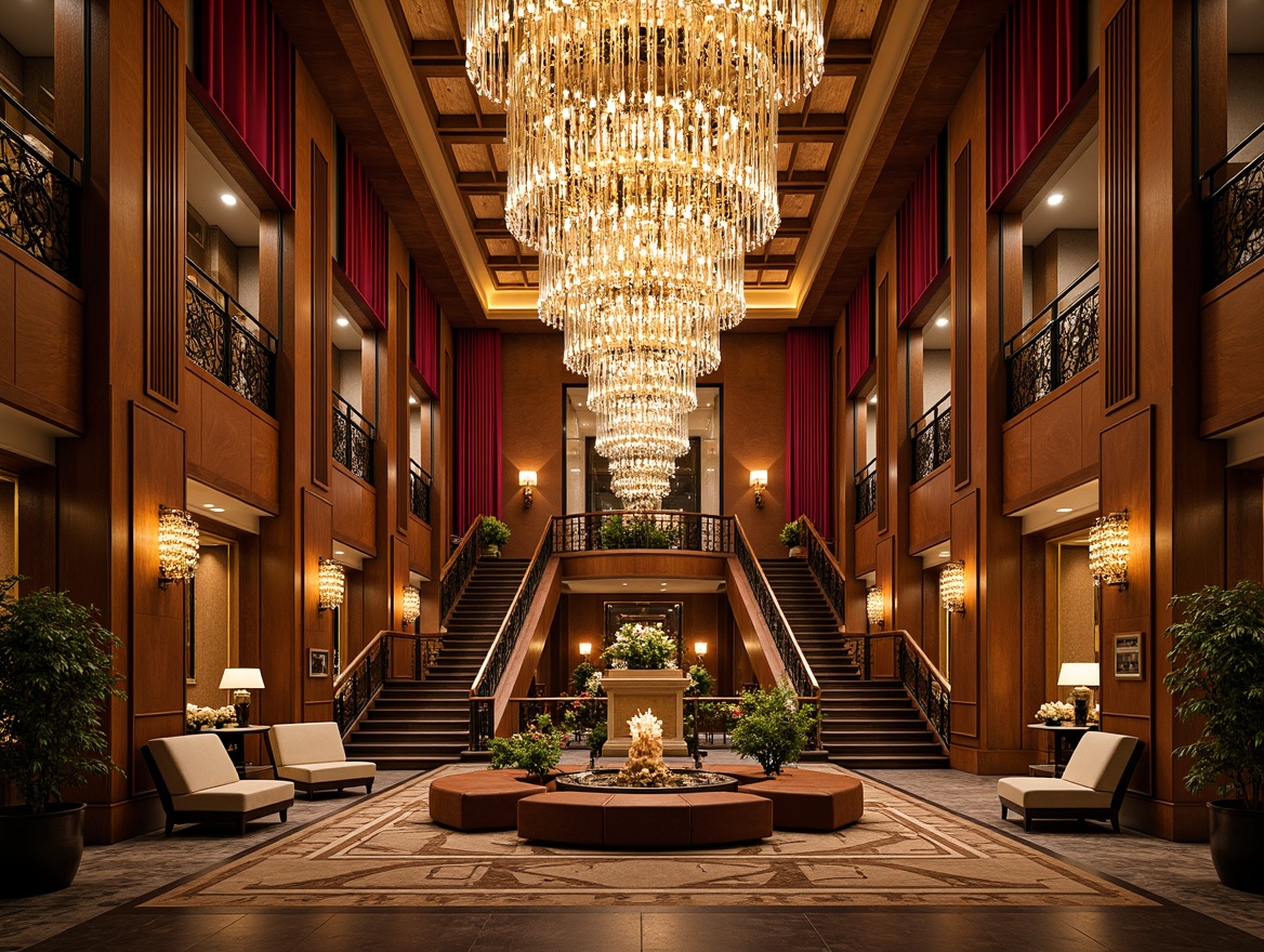 Prompt: Opulent hotel lobby, lavish chandeliers, crystal droplets, warm golden lighting, luxurious velvet drapes, ornate metalwork, geometric patterns, inlaid wood furnishings, rich jewel-toned color scheme, lavish floral arrangements, grand staircases, sparkling sconces, metallic accents, high ceilings, dramatic vertical lines, symmetrical compositions, sophisticated ambiance, soft warm glow, 1/1 composition, cinematic lighting, realistic reflections.