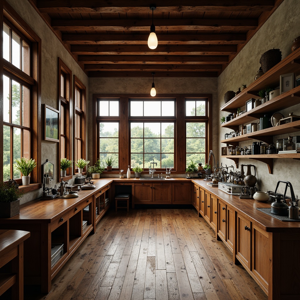 Prompt: Traditional science center, rustic wooden flooring, rich walnut tones, classic laboratory benches, vintage scientific equipment, natural stone accents, earthy color palette, warm soft lighting, subtle texture details, realistic wood grain, 1/1 composition, intimate close-up shots, ambient occlusion.