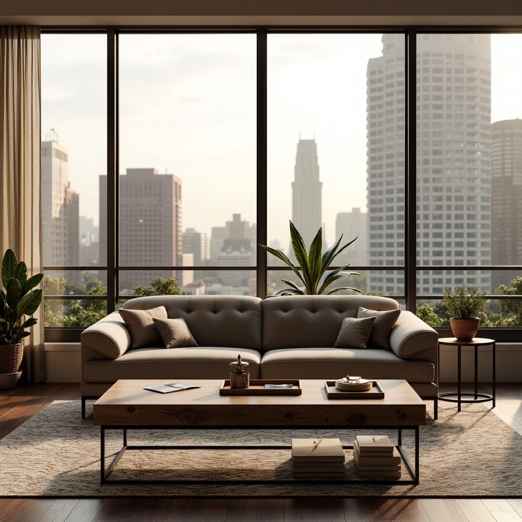 Prompt: Modern living room, sleek low-profile sofa, tufted velvet upholstery, minimalist coffee table, industrial metal legs, reclaimed wood accents, geometric patterned rug, floor-to-ceiling windows, urban cityscape view, warm golden lighting, 1/2 composition, soft focus blur, realistic textures, ambient occlusion.