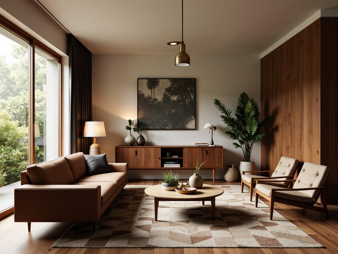 Prompt: Mid-century modern living room, walnut wood furniture, sleek low-profile sofas, tufted leather armchairs, geometric patterned rugs, minimalist coffee tables, atomic lamp fixtures, natural fiber textiles, organic shapes, earthy color palette, warm ambient lighting, subtle decorative accents, 2/3 composition, soft focus, realistic render.