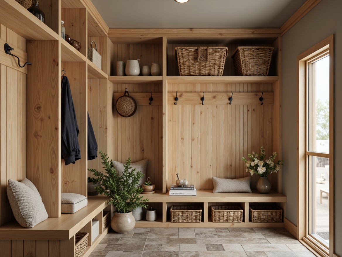 Prompt: Cozy mudroom, warm wooden bench, rustic metal hooks, woven baskets, natural stone flooring, earthy color palette, built-in storage cubbies, soft overhead lighting, functional shelving units, decorative ceramic tiles, modern farmhouse style, inviting atmosphere, comfortable seating area, plush throw pillows, rich wood tones, durable easy-clean fabrics.