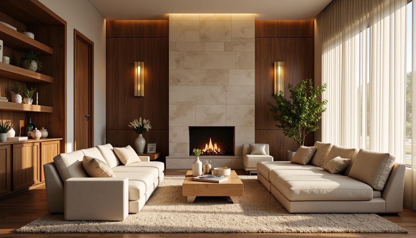 Prompt: Cozy living room, warm beige walls, rich wood accents, plush furniture, soft velvety textures, golden lighting fixtures, earthy tone rugs, natural stone fireplace, floor-to-ceiling windows, calming atmosphere, serene ambiance, 1/2 composition, shallow depth of field, warm color temperature, inviting mood.