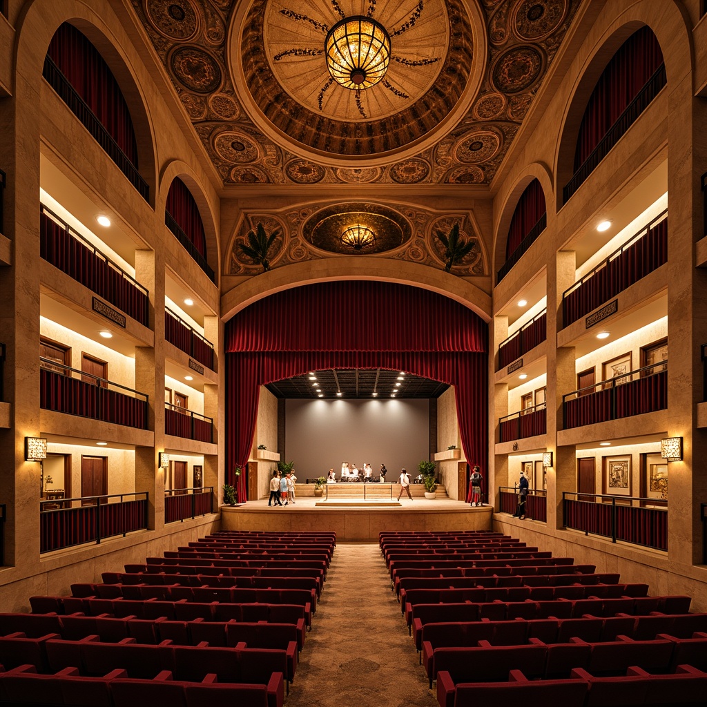 Prompt: Vibrant Mediterranean theater, ornate stone fa\u00e7ade, curved archways, grand entrance, sweeping staircases, luxurious velvet curtains, golden lighting fixtures, intricate mosaic patterns, rich wood accents, plush seating areas, intimate stage settings, warm atmospheric lighting, soft focus spotlights, 1/1 composition, realistic renderings, ambient occlusion, dramatic shadows, subtle color grading.